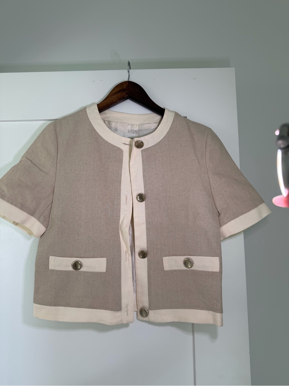 Zara Beige Short-Sleeve Boxy Jacket with Cream Trim
